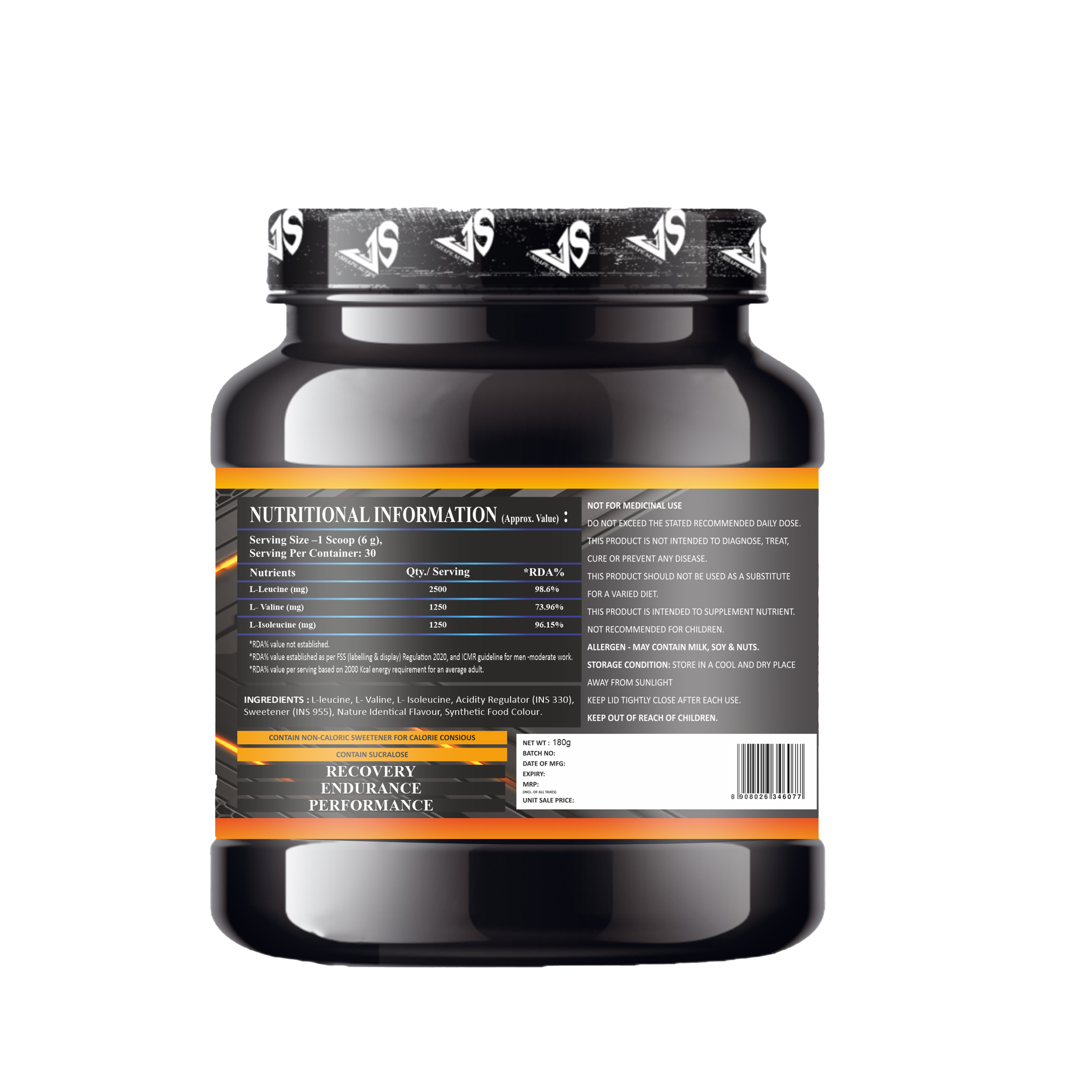V-SHAPE Supps BCAA 2:1:1 (180Gm, 30 Servings) - V-Shape Supps