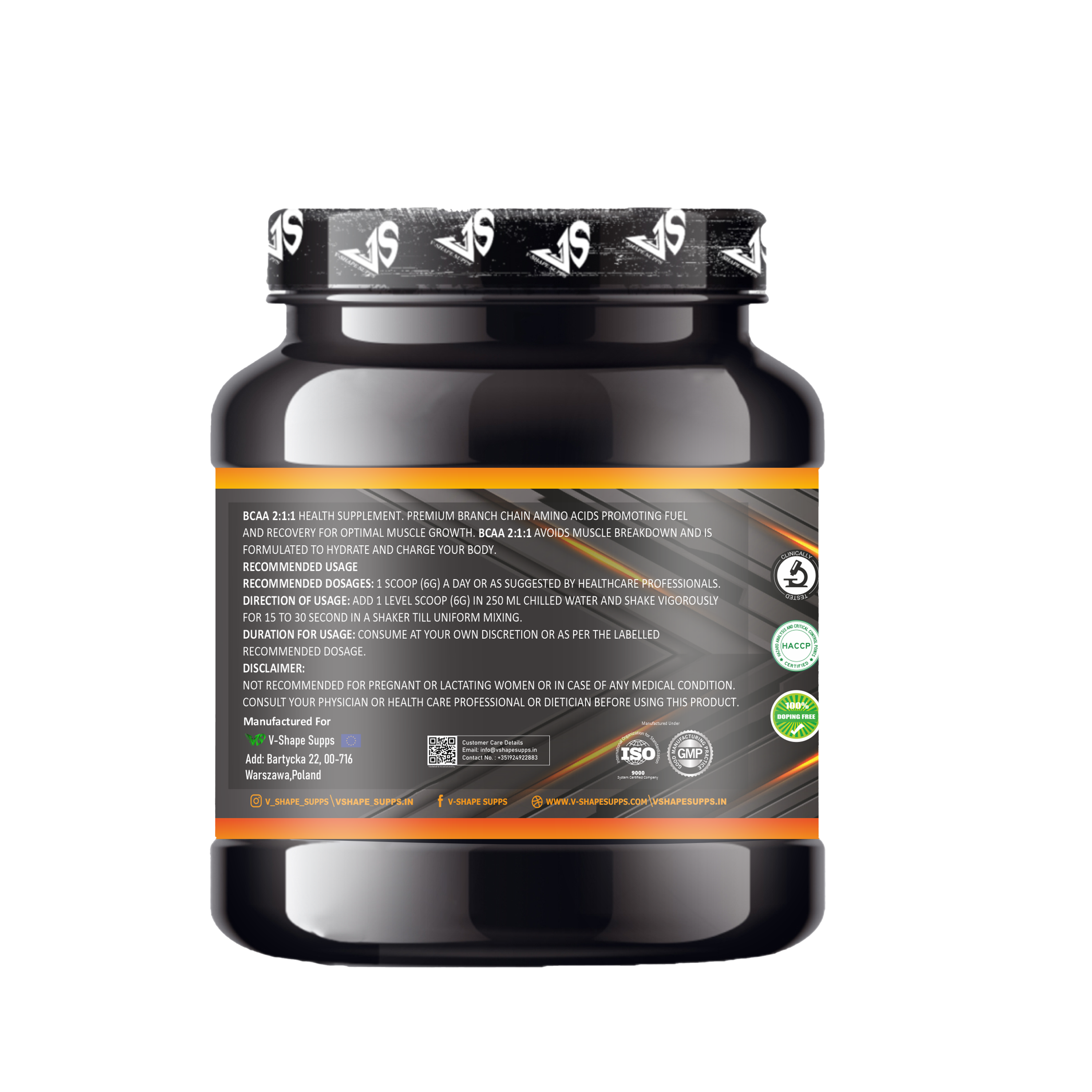 V-SHAPE Supps BCAA 2:1:1 (180Gm, 30 Servings) - V-Shape Supps
