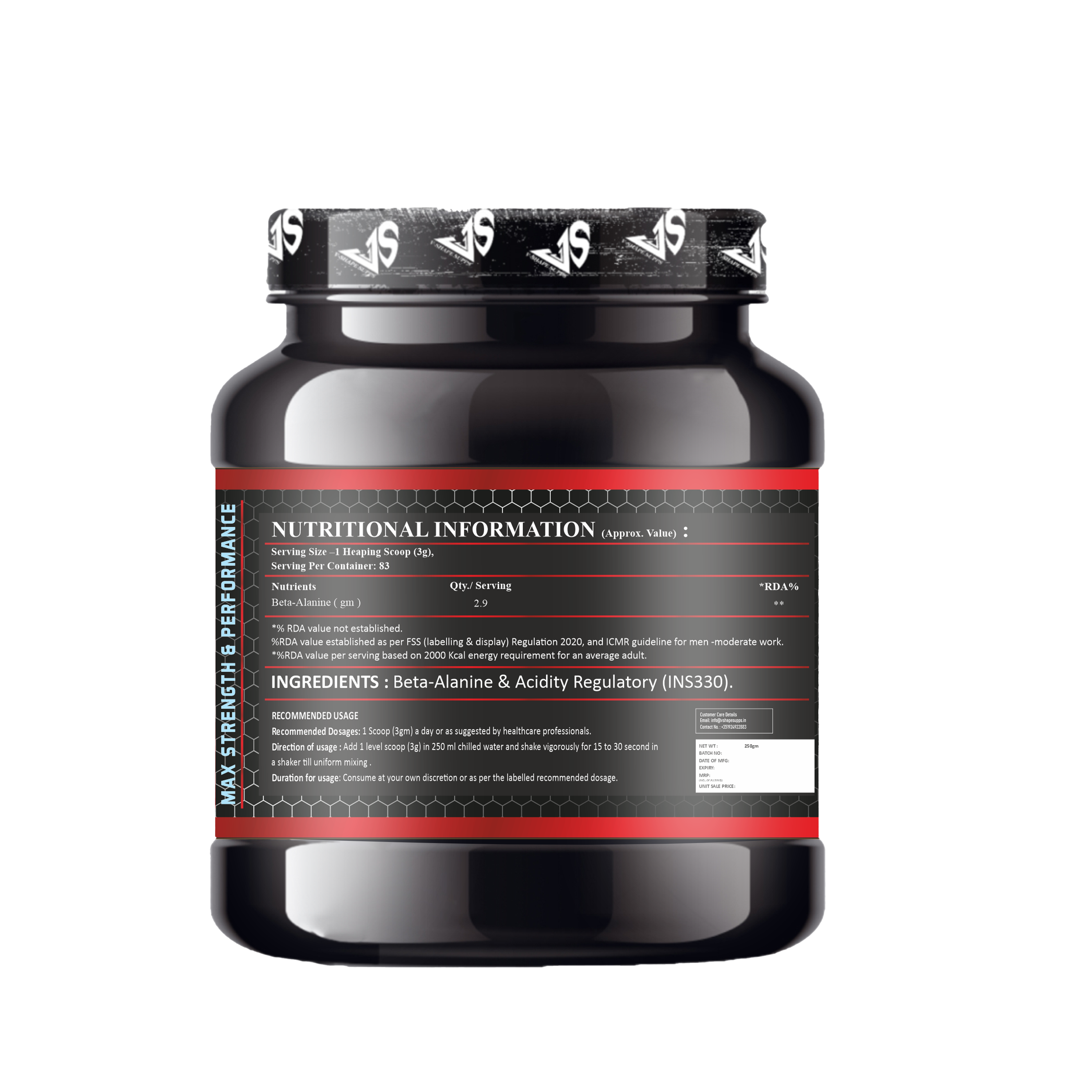 V-SHAPE Beta Alanine 250Gm, 83 Servings - V-Shape Supps