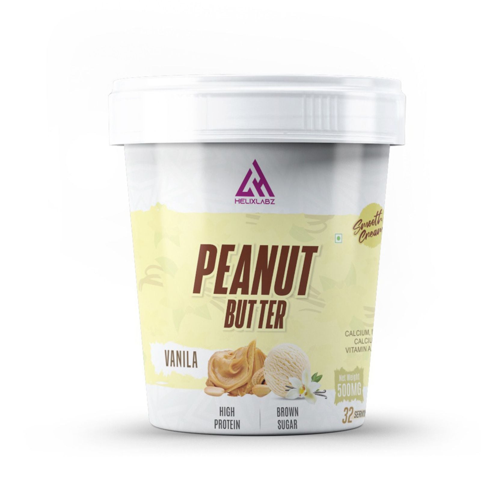 Helix Labz Vanilla Special Peanut Butter with Indian vanilla and peanut flavors in a white container.