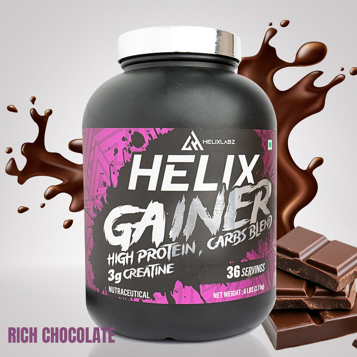 Helix Gainer | Protein & Carbs Blend- (Rich Chocolate, 2.7KG, 6Lbs)