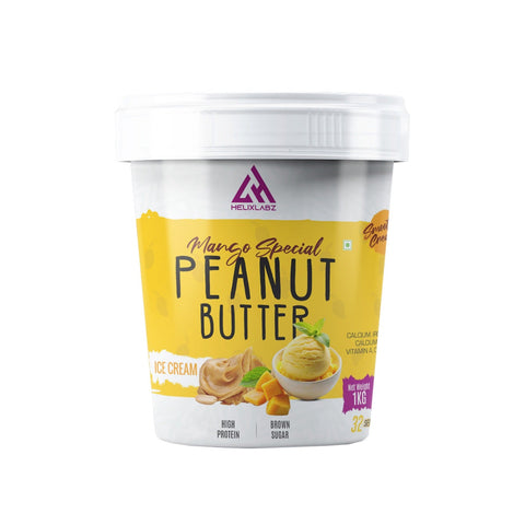 Helixlabz Mango Special Peanut Butter 1Kg jar featuring creamy peanut butter with mango flavor, perfect for snacks and meals.