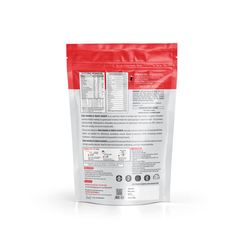 Back view of DNA Anabolic Mass Gainer 900g package showing nutritional information and ingredients for muscle growth.