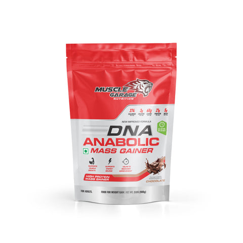 DNA Anabolic Mass Gainer 900g in chocolate flavor, designed for muscle growth and enhanced performance.