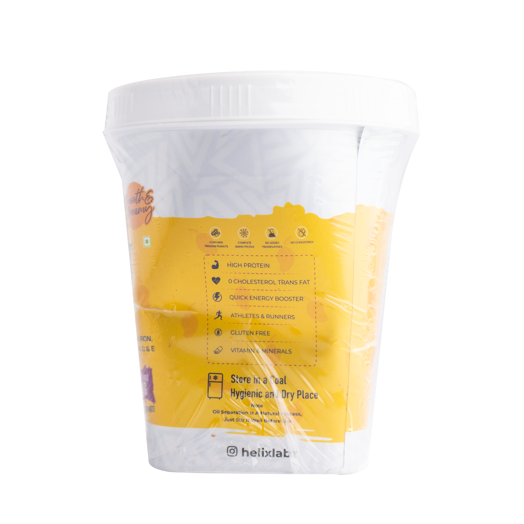 Helixlabz Mango Special Peanut Butter 1 Kg tub showcasing high protein, gluten-free benefits, and storage instructions.