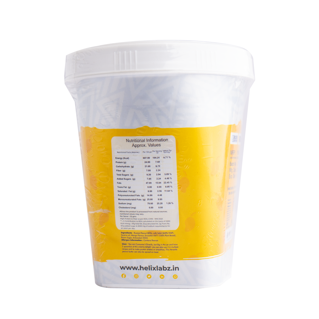 Nutritional information label on Helixlabz Mango Special Peanut Butter 1 Kg container.