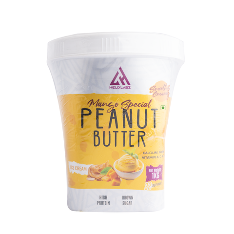 Helixlabz Mango Special Peanut Butter 1 Kg tub showcasing creamy texture and mango flavor for delicious snacks.