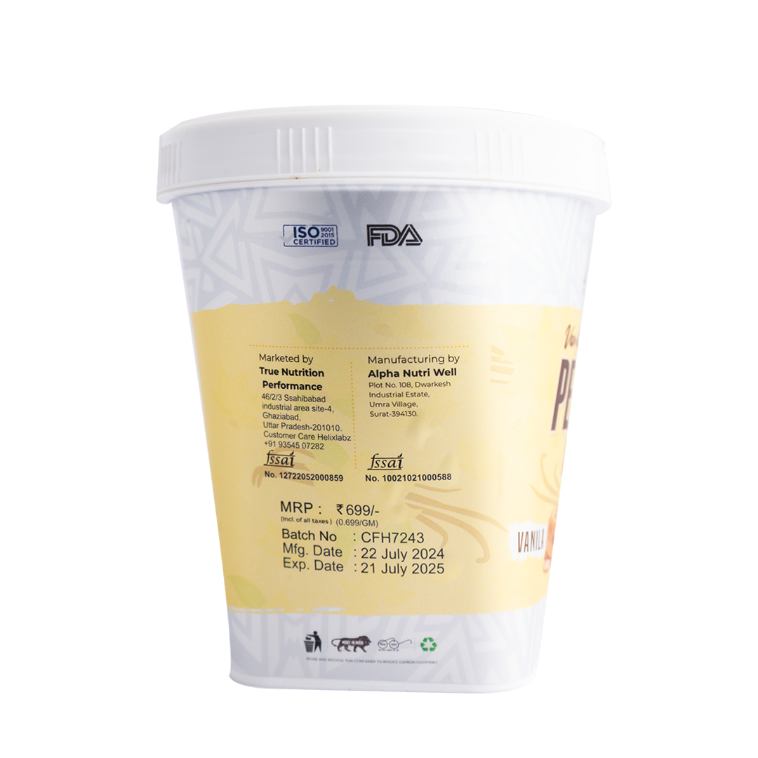 Helix Labz Vanilla Special Peanut Butter container, showcasing back packaging with manufacturing and expiry dates.