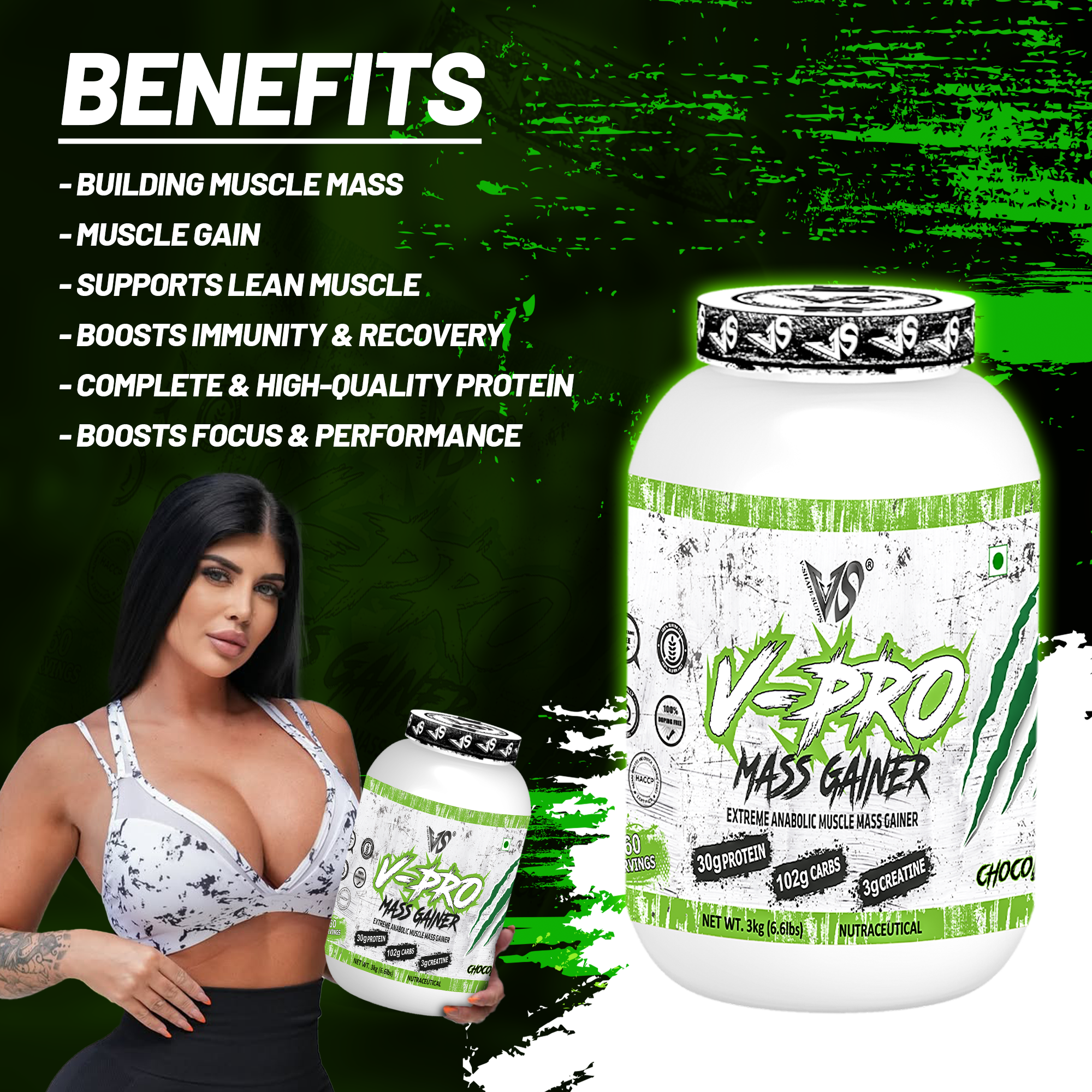 V-SHAPE V-Pro Mass Gainer- 3Kg(6.6Lbs), 66 Servings - V-Shape Supps